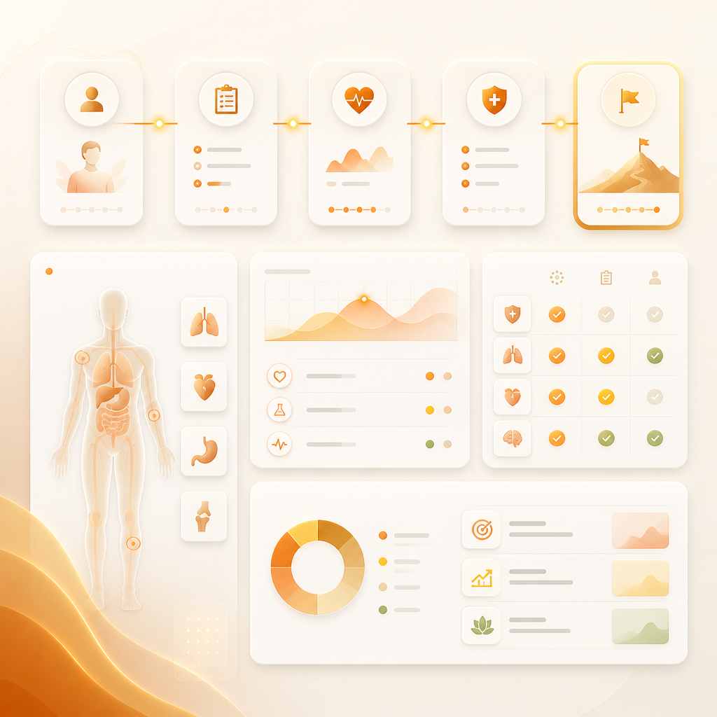 Abstract illustration representing a structured developmental visit process with step-based panels.