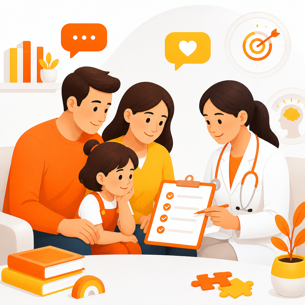 Illustration of a pediatric clinician helping a family review school-age learning and attention concerns.