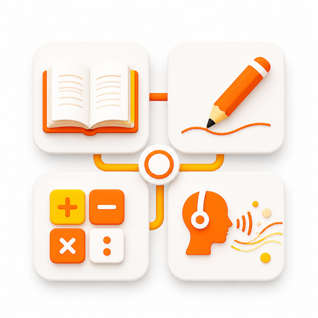 Illustration representing different types of learning disabilities: reading, writing, math, and language processing.
