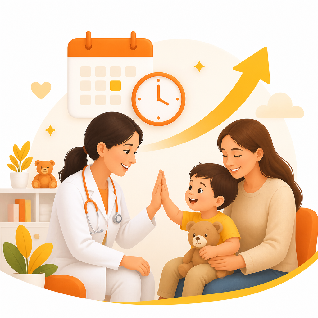 Illustration suggesting when to schedule developmental guidance with a pediatrician using supportive timing cues.