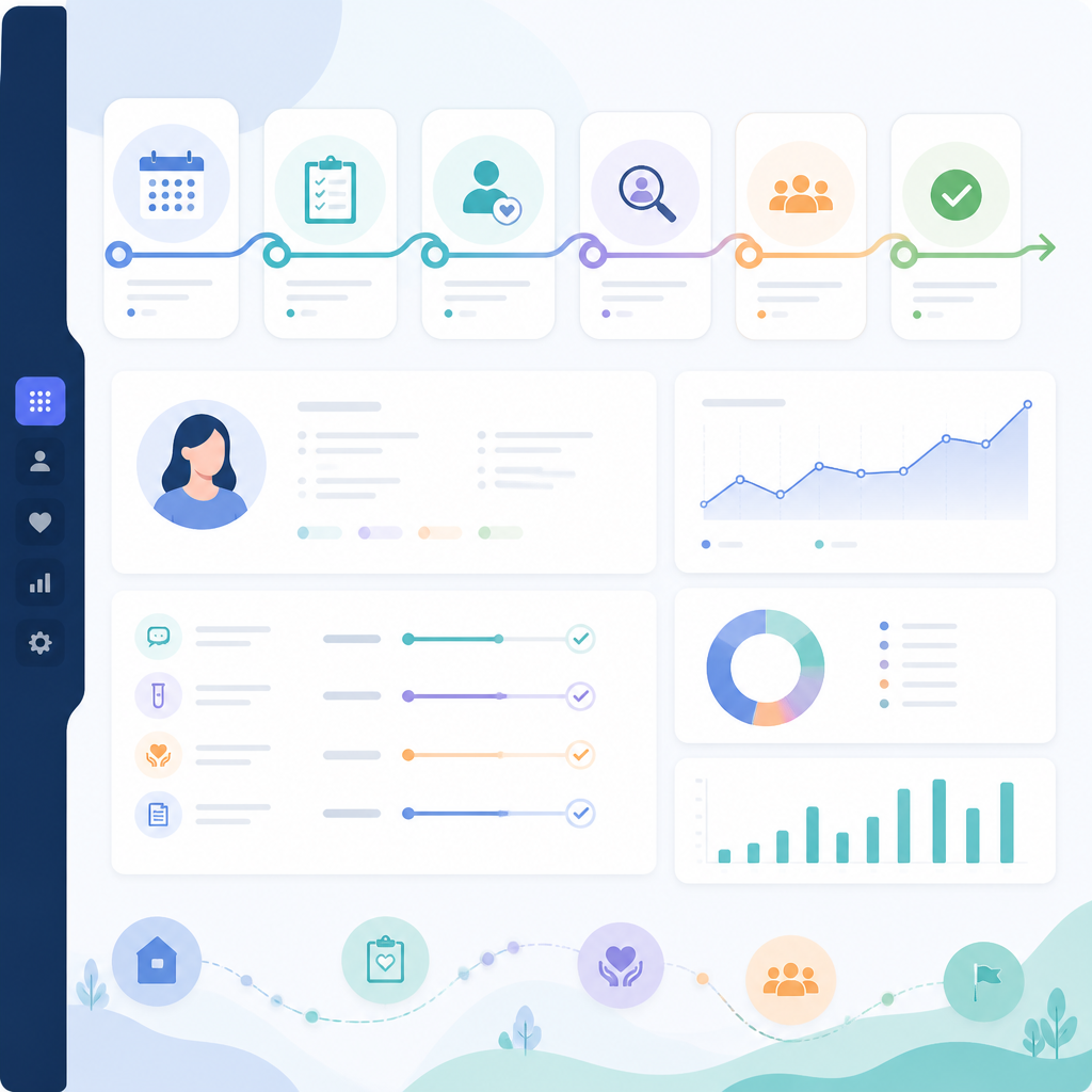 Abstract care workflow dashboard illustration representing screening to support steps.