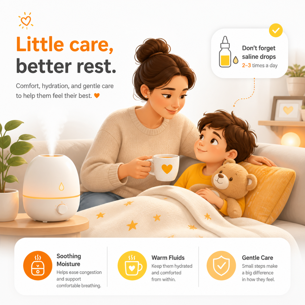 Parent providing comforting home care for a child with sore throat and ear pain, including hydration and soothing support.