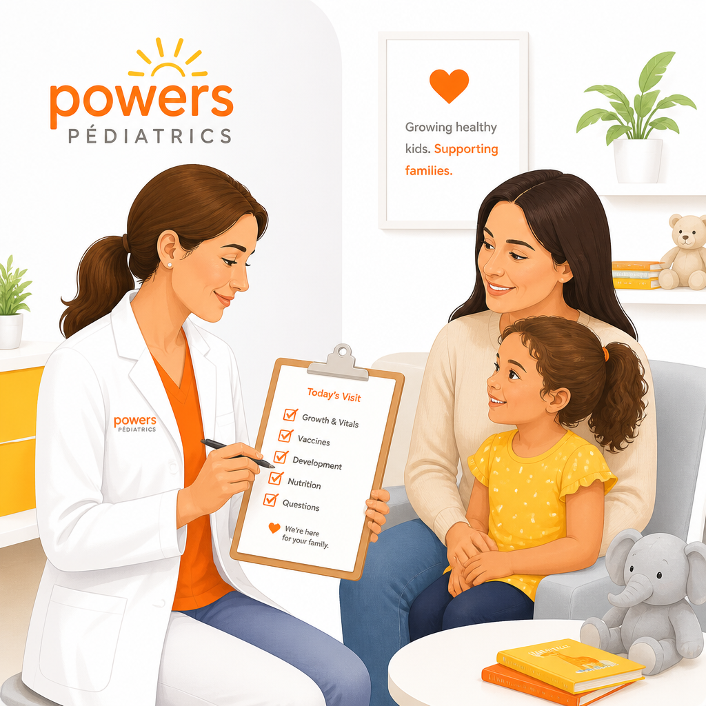 Pediatric clinician reviewing a visit checklist with a family in a modern clinic setting.