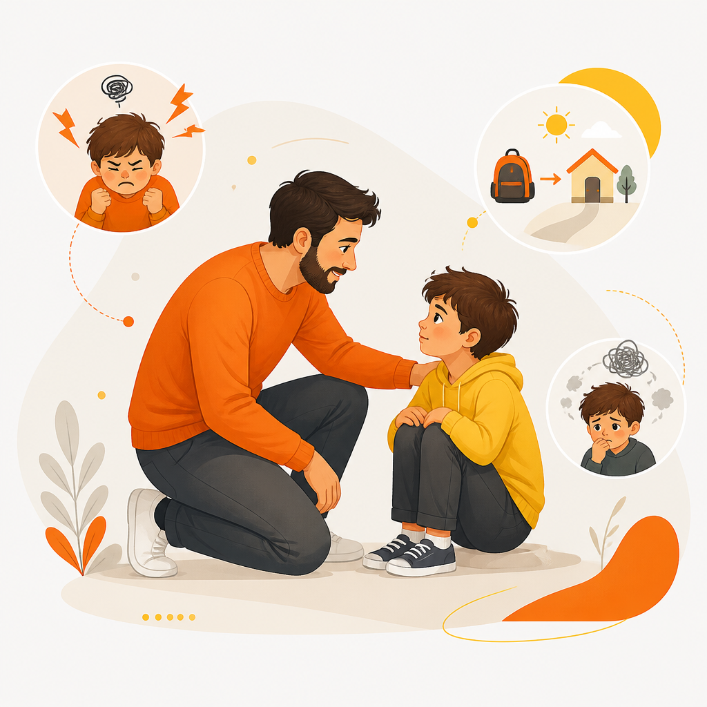 Illustration showing a parent supporting a child with emotional regulation cues such as frustration and transitions.