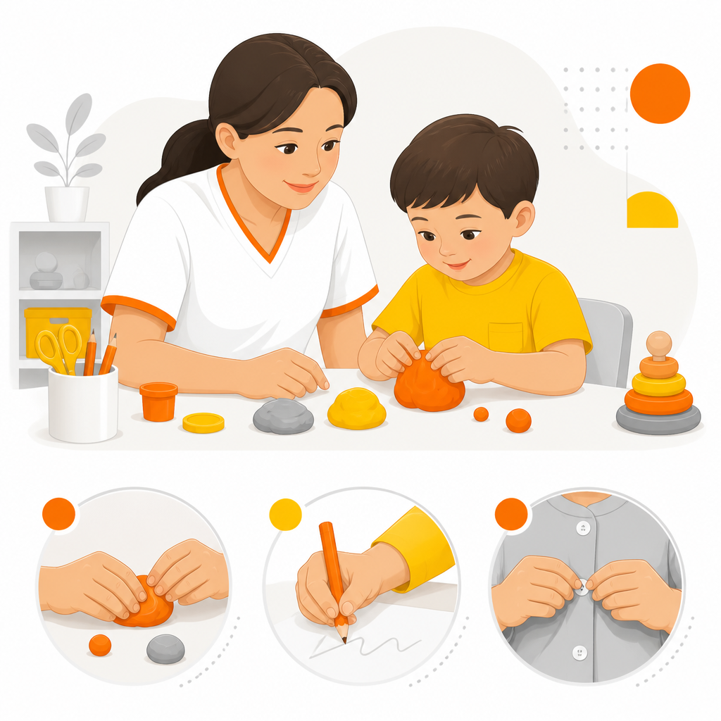 Illustration of occupational therapy supporting fine motor skills through hands-on activities