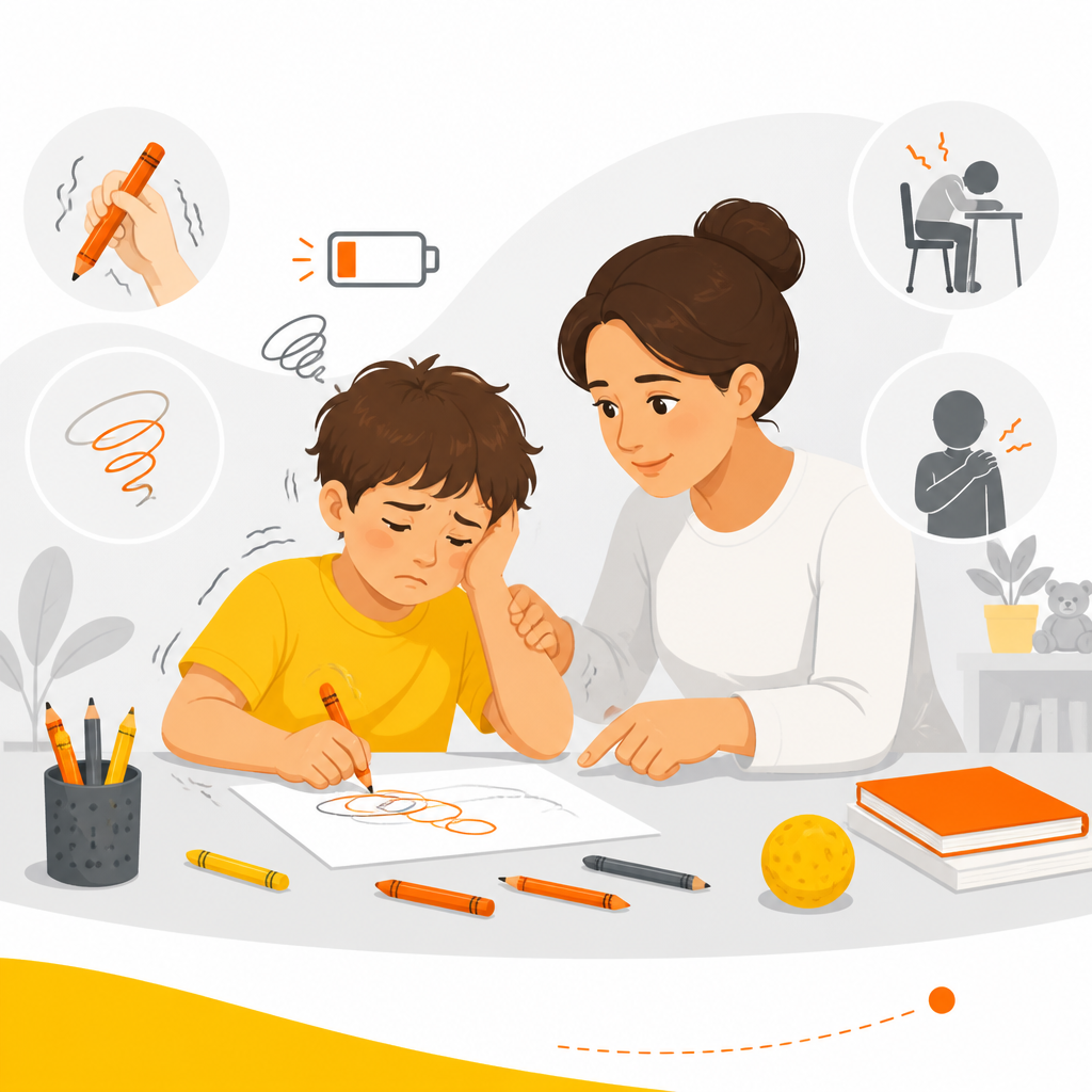 Illustration representing common signs of fine motor delay during writing and tool use