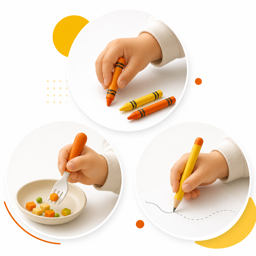 Illustration of fine motor skills building with hands, small objects, and writing readiness tools