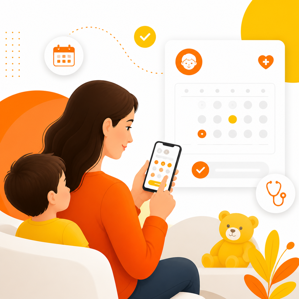 Parent using a smartphone to request a pediatric appointment online at Powers Pediatrics.