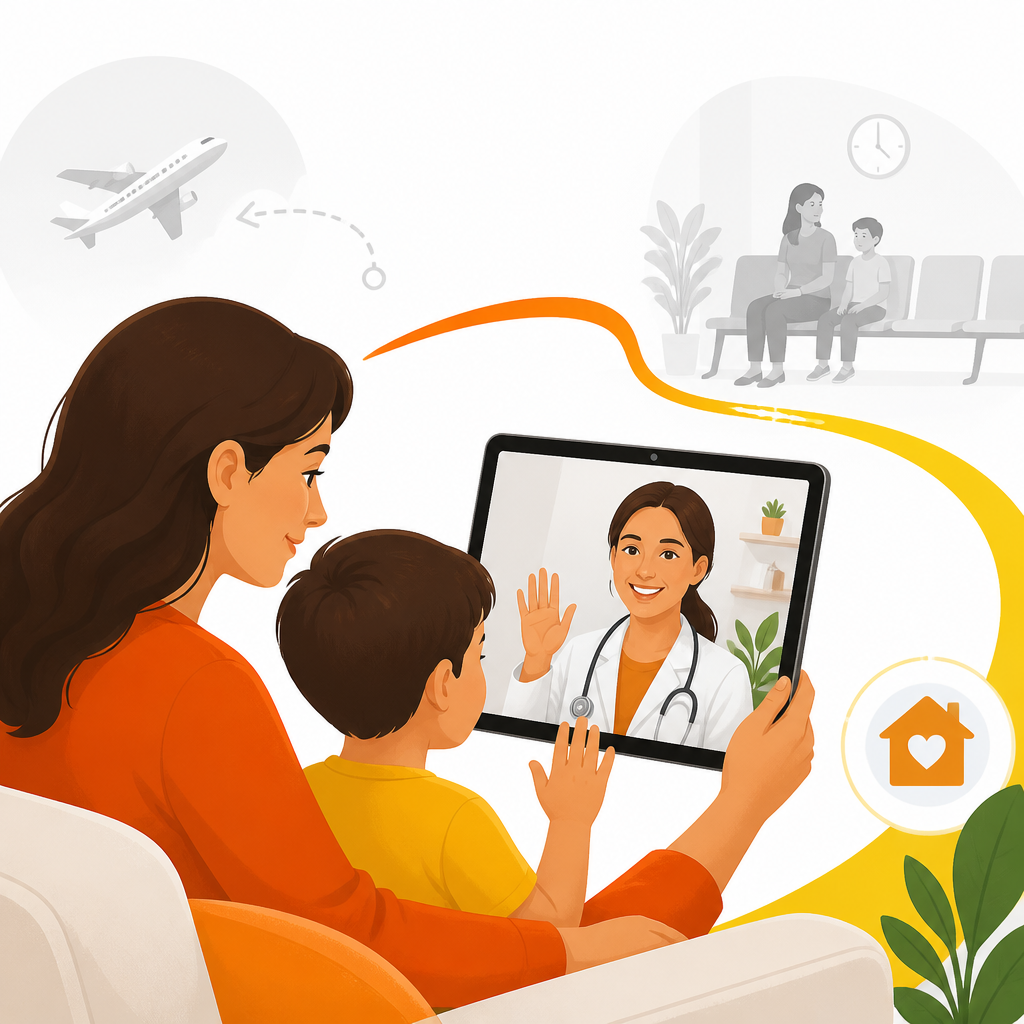 Parent and child completing a telemedicine video visit from home.
