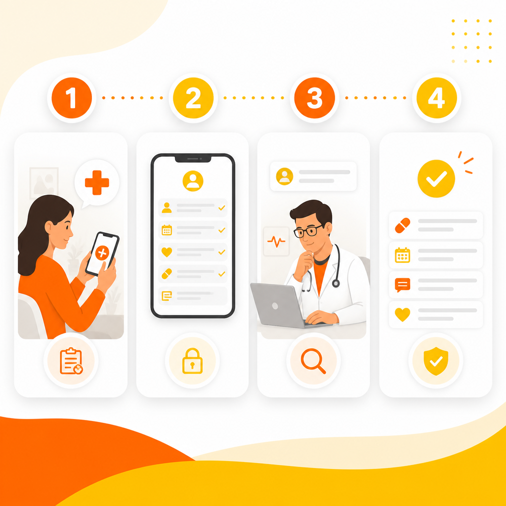 Illustration showing a four-step telemedicine follow-up workflow.