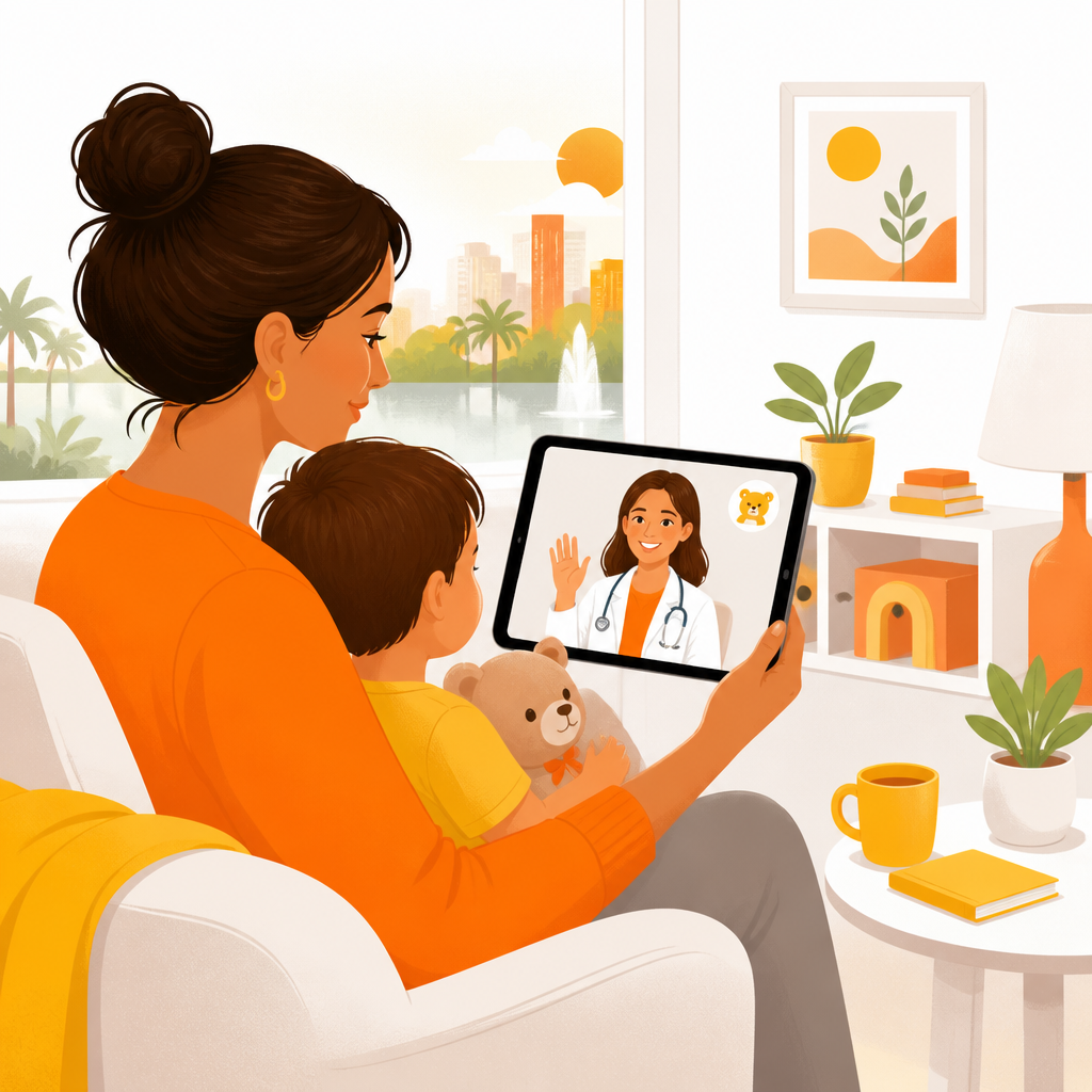 Illustration of a parent connecting with a pediatric provider through telemedicine from home.