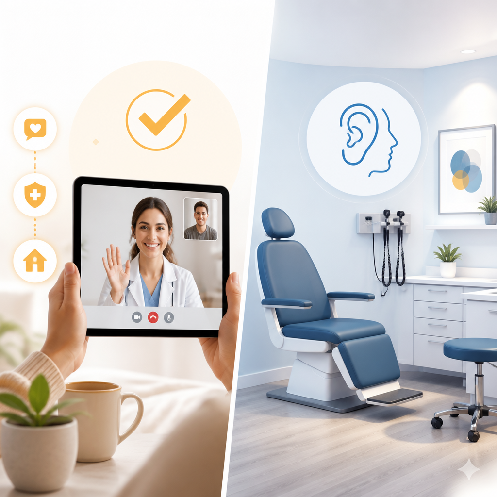 Illustration comparing telemedicine and in-office pediatric care.