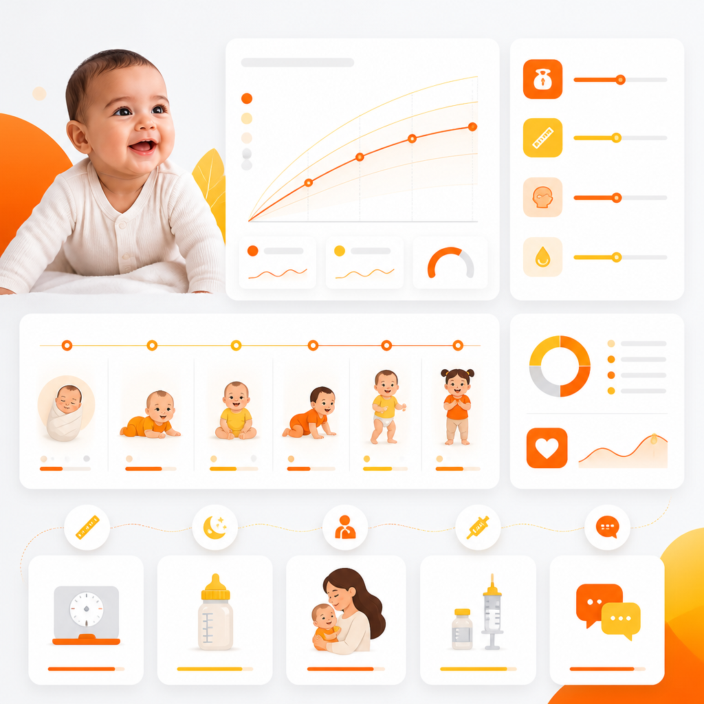 Abstract dashboard illustration representing pediatric well-child visits and milestone tracking for infants and toddlers.