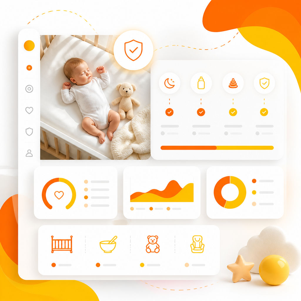 Abstract workflow dashboard illustration representing safe baby routines for sleep, feeding, and injury prevention.