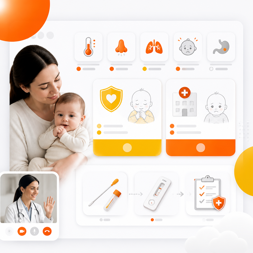 Abstract dashboard illustration representing fast sick-visit guidance and symptom triage for infants and toddlers.