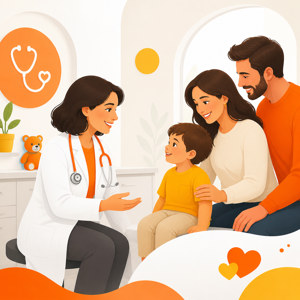Warm, family-centered pediatric care illustration in an Orlando clinic setting.