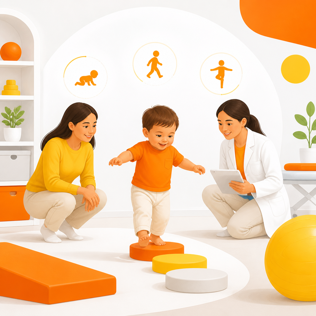 Illustration of a clinician observing signs of gross motor delays during a child’s movement and play.
