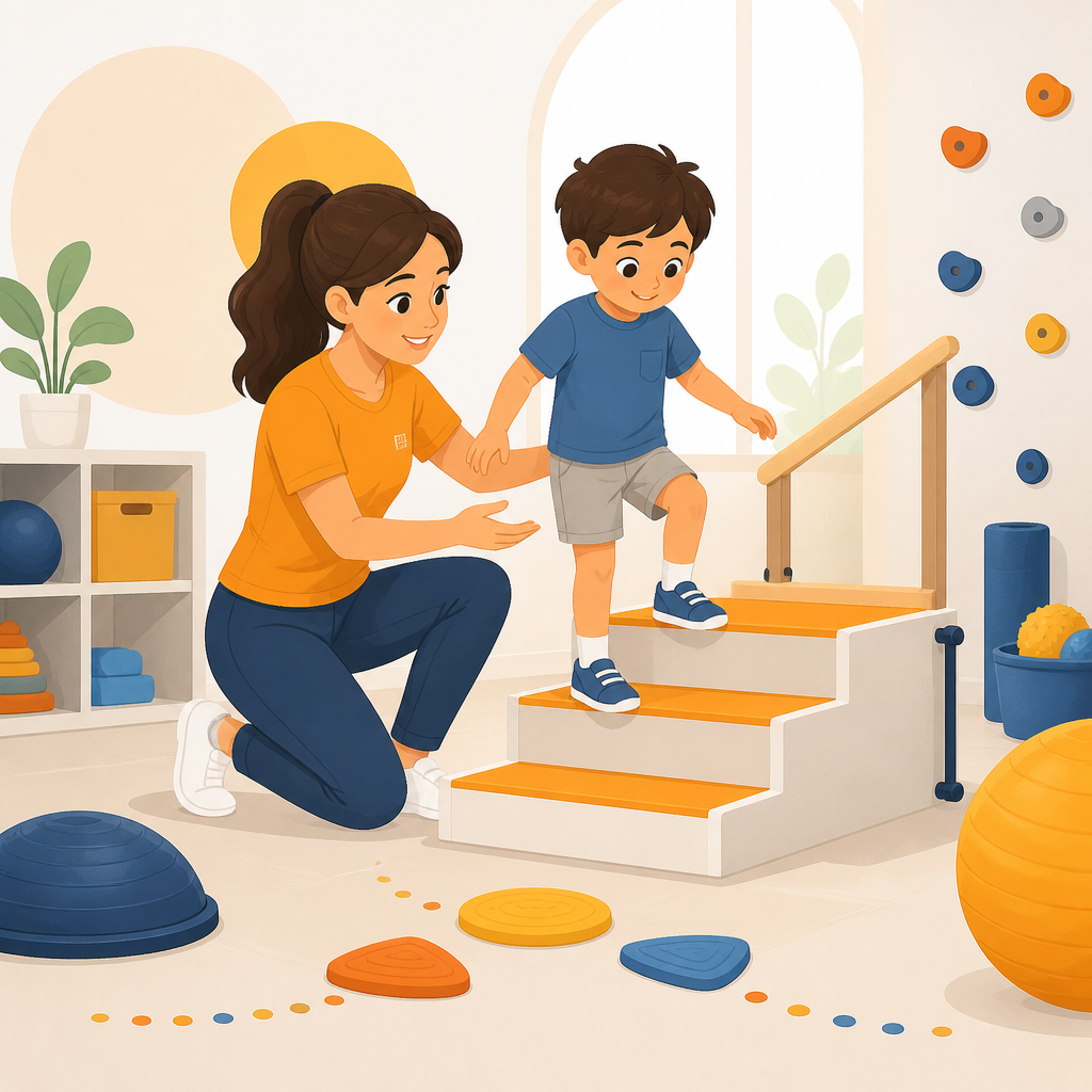 Illustration of physical therapy supporting gross motor skills like balance, walking, and stair safety through play.