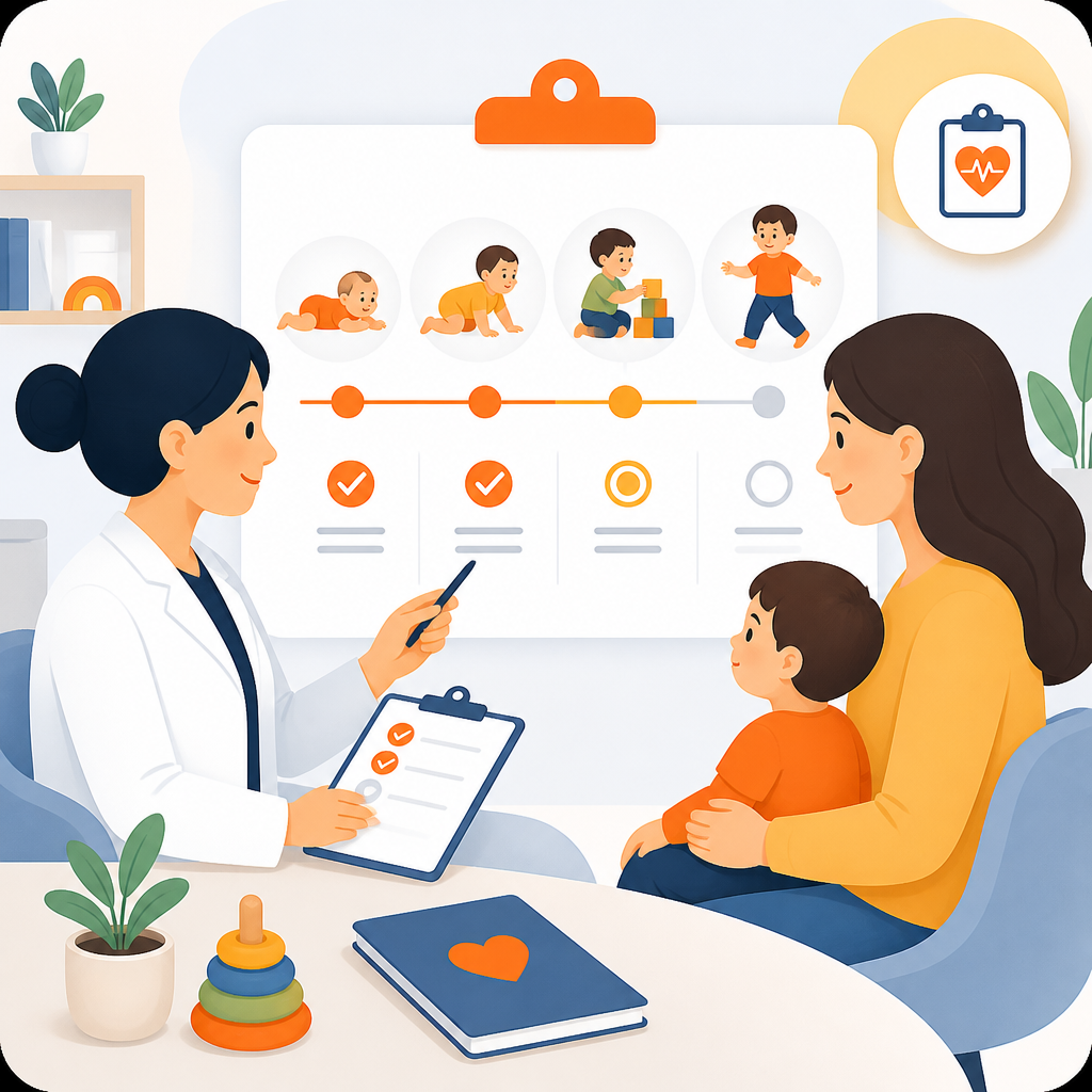 Illustration showing the testing and diagnosis evaluation process for gross motor skills, with a clinician and checklist concept.