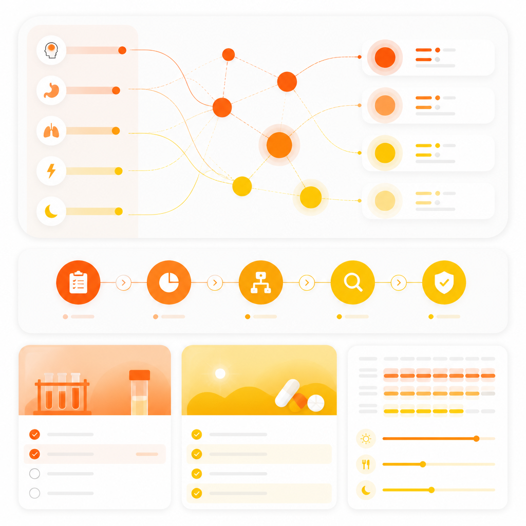 Abstract clinical workflow illustration representing allergy testing and treatment planning with trigger nodes and care pathway cards.
