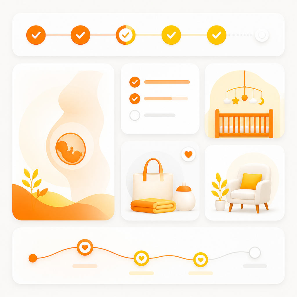 Abstract dashboard-style illustration representing pregnancy and newborn care planning with milestone cards and connected workflow steps.