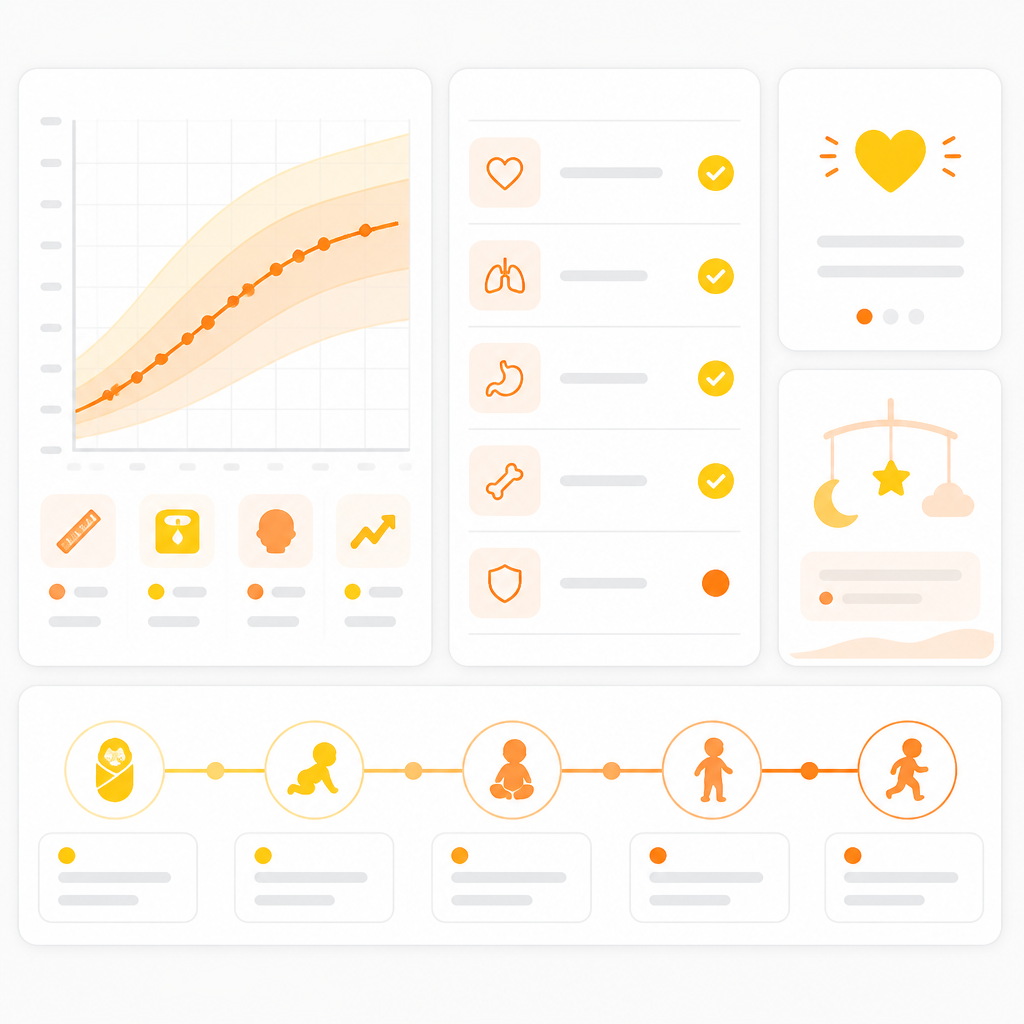 Abstract dashboard-style illustration representing a well-baby visit schedule with growth tracking, exam tiles, and progression cards.