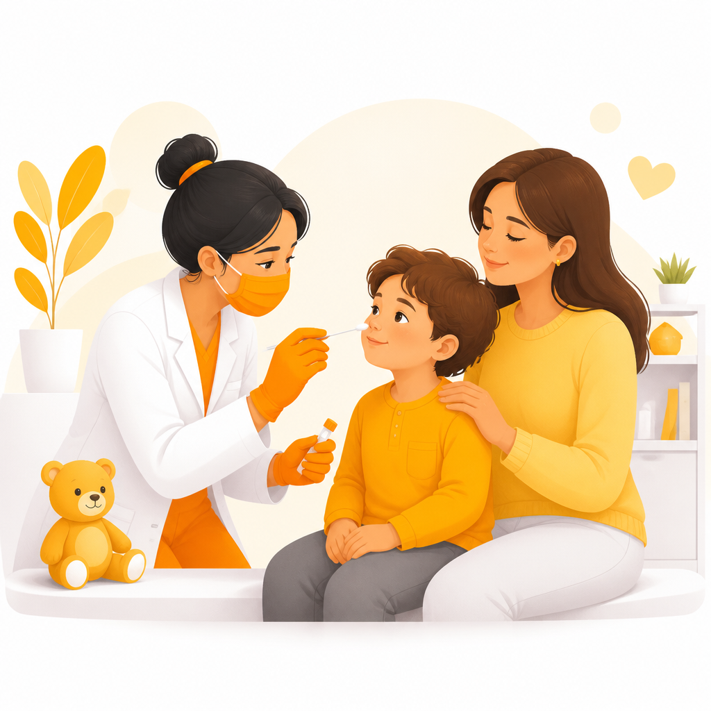Illustration representing pediatric cold and flu testing and diagnosis.