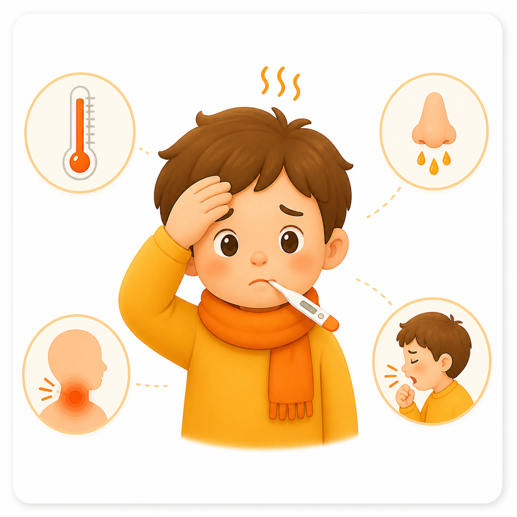 Illustration showing common flu-like and cold symptoms in a kid-friendly way.