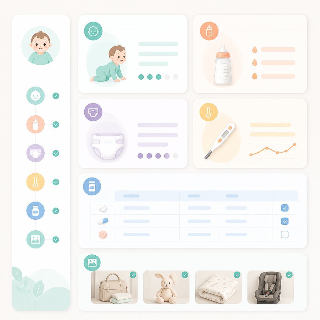 Illustration of a preparation checklist dashboard for a virtual infant care appointment.