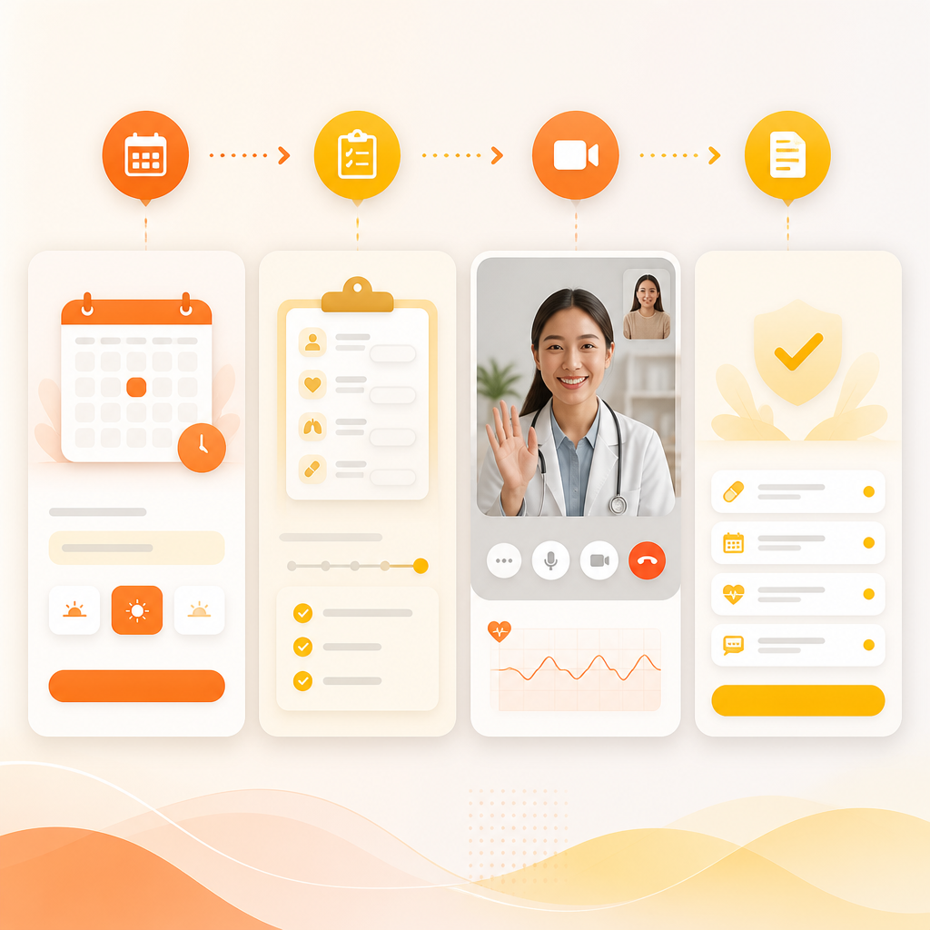 Illustration of a telemedicine visit process with step cards for virtual infant care.