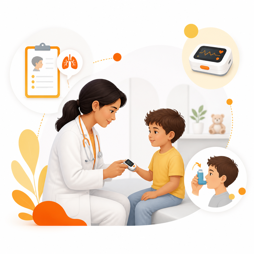 Modern illustration representing a pediatric evaluation for breathing problems, including symptom history and lung assessment.