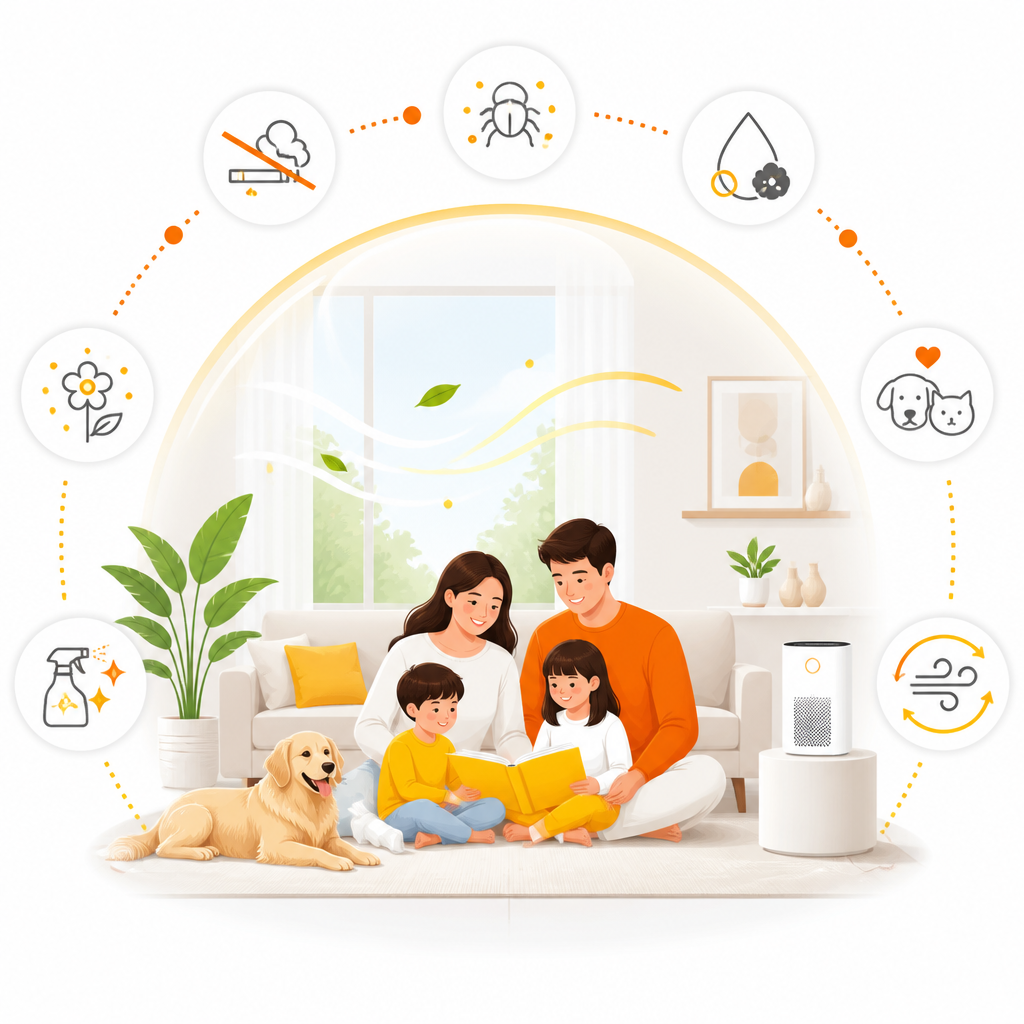 Modern illustration representing home trigger management for pediatric asthma, including smoke, dust, mold, pets, and clean air concepts.