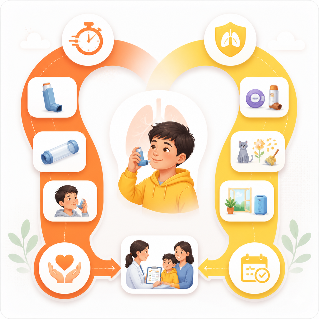 Modern illustration representing both same-day and long-term pediatric asthma and respiratory care, with medication and follow-up concepts.