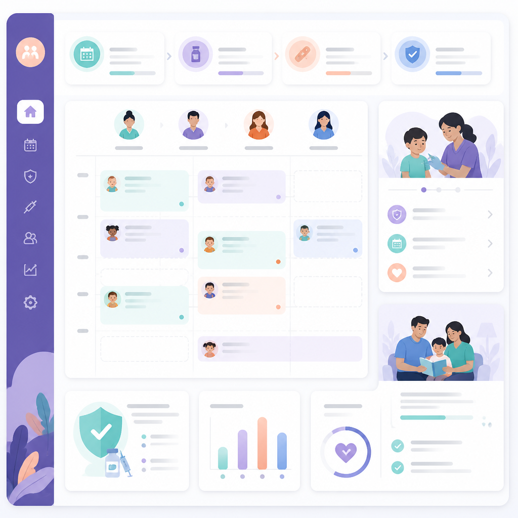 Abstract dashboard illustration representing vaccine schedule planning and parent support for choosing a pediatrician.