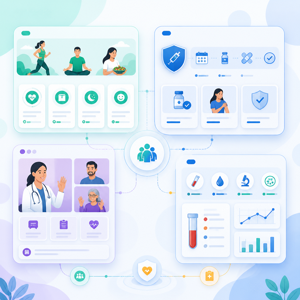 Abstract service overview illustration representing pediatric immunization support and related care services.