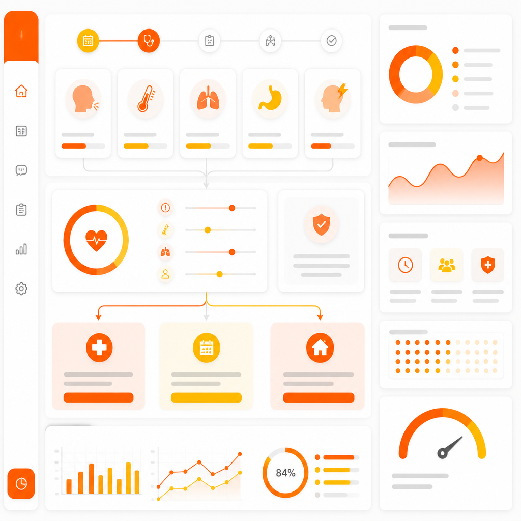 Premium illustration representing a same-day sick visit triage workflow with symptom categories and next-step routing.