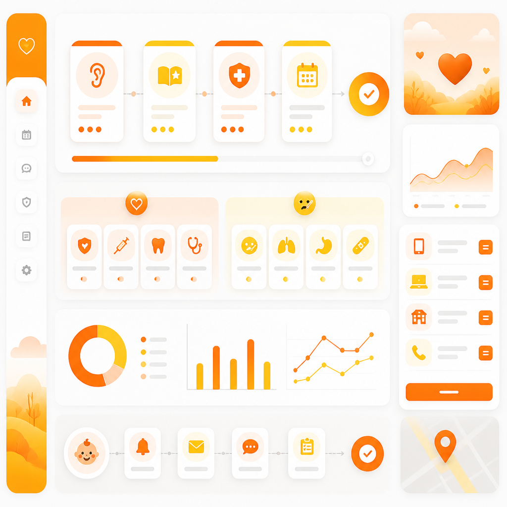 Premium dashboard-style illustration representing family-centered pediatric care workflow in Orlando.
