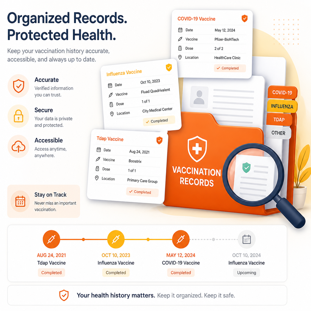 Illustration representing immunization record review and documentation support.
