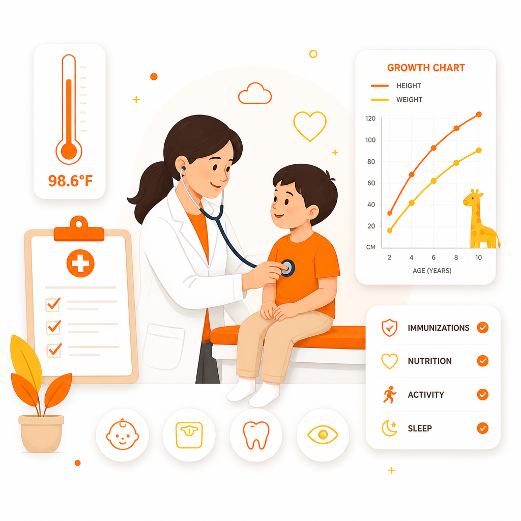 Illustration of a school and sports physical evaluation checklist for parents.