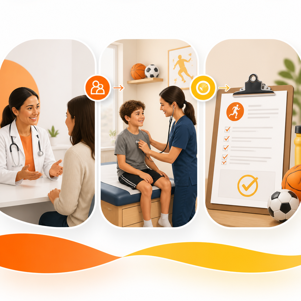 Illustration of a sports physical visit experience with a pediatric provider, paperwork, and clearance form.