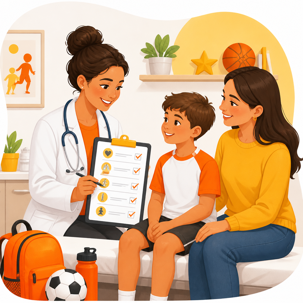 Illustration of a pediatric provider reviewing what’s included in a school and sports physical checklist.