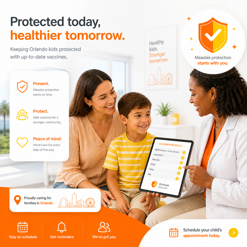 Illustration of a pediatric visit reviewing school physical needs and vaccination records with a parent and child.