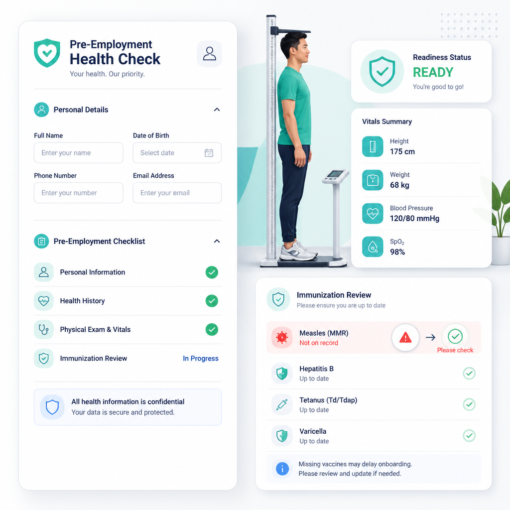 Illustration representing a same-visit school and sports physical with health, readiness, and immunization checklist items including measles protection.
