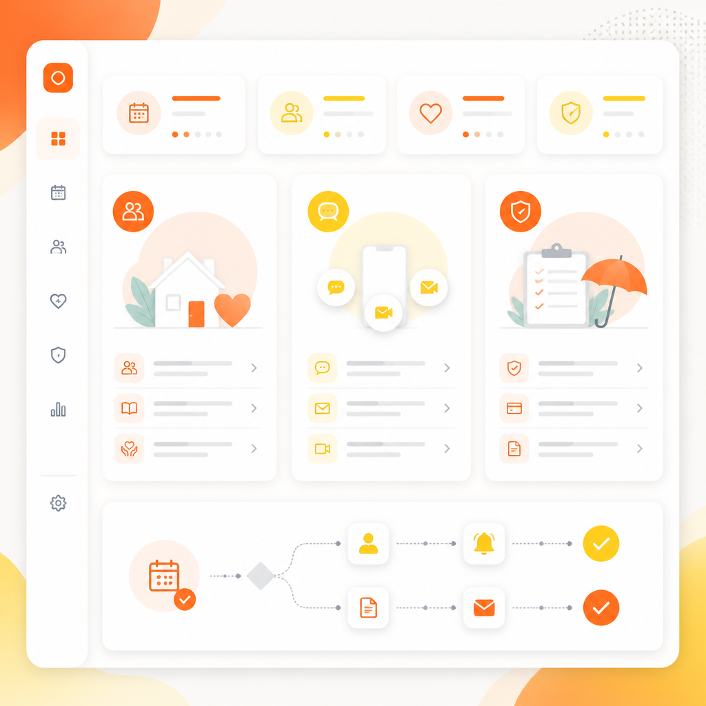 Abstract care-coordination dashboard illustration with workflow cards and premium UI styling.