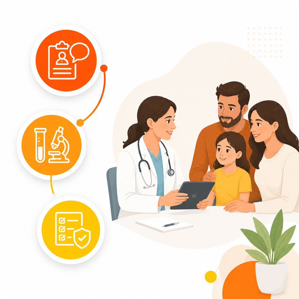 Illustration depicting pediatric allergy evaluation, testing, and an action plan