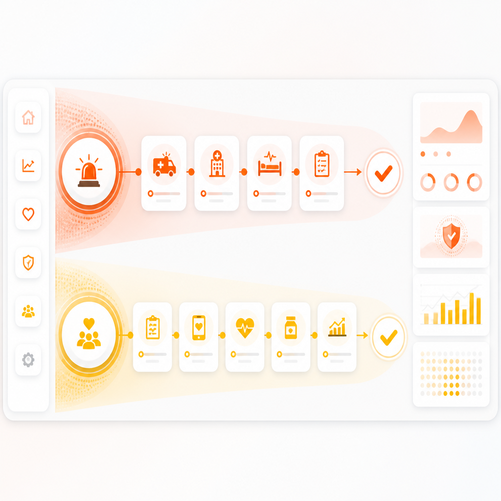 Abstract dashboard illustration representing acute and chronic pediatric care pathways with organized workflow cards.