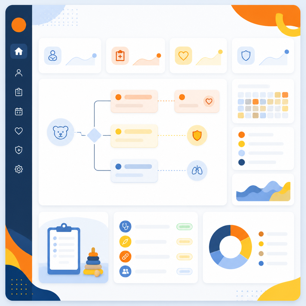 Abstract dashboard illustration showing a pediatric care workflow and decision panels for choosing the right level of care.