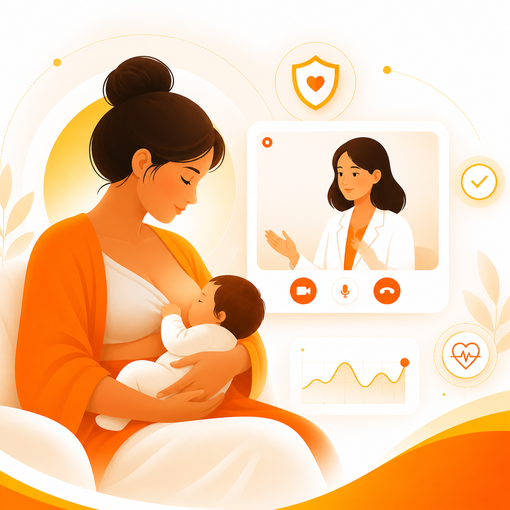 Illustration representing breastfeeding medicine safety discussion during a telemedicine visit.