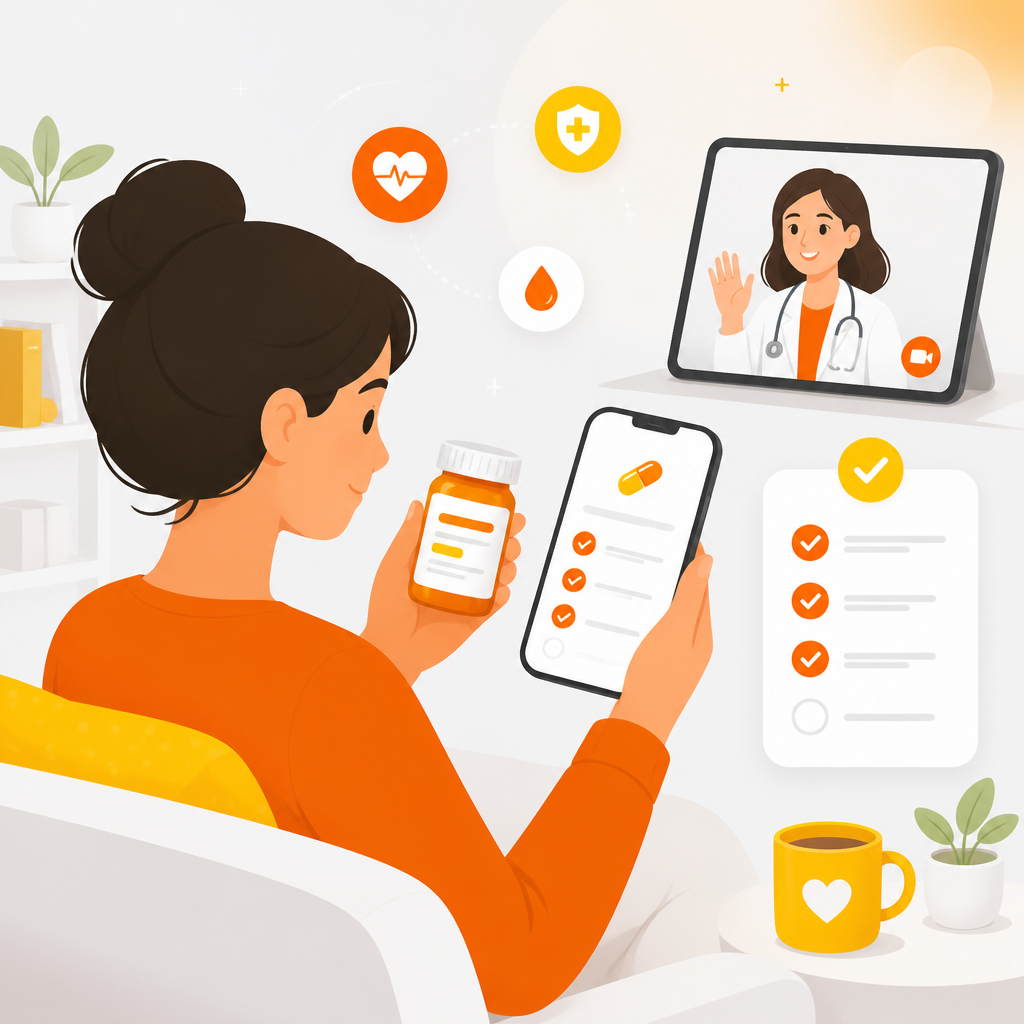 Illustration representing medicine safety guidance at home during a telemedicine visit.