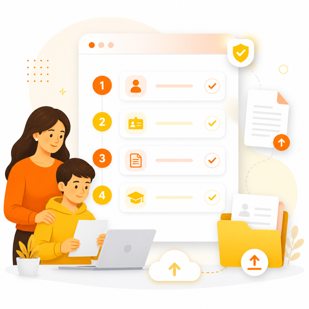Illustration of a parent immunization checklist with numbered steps and document upload cues.